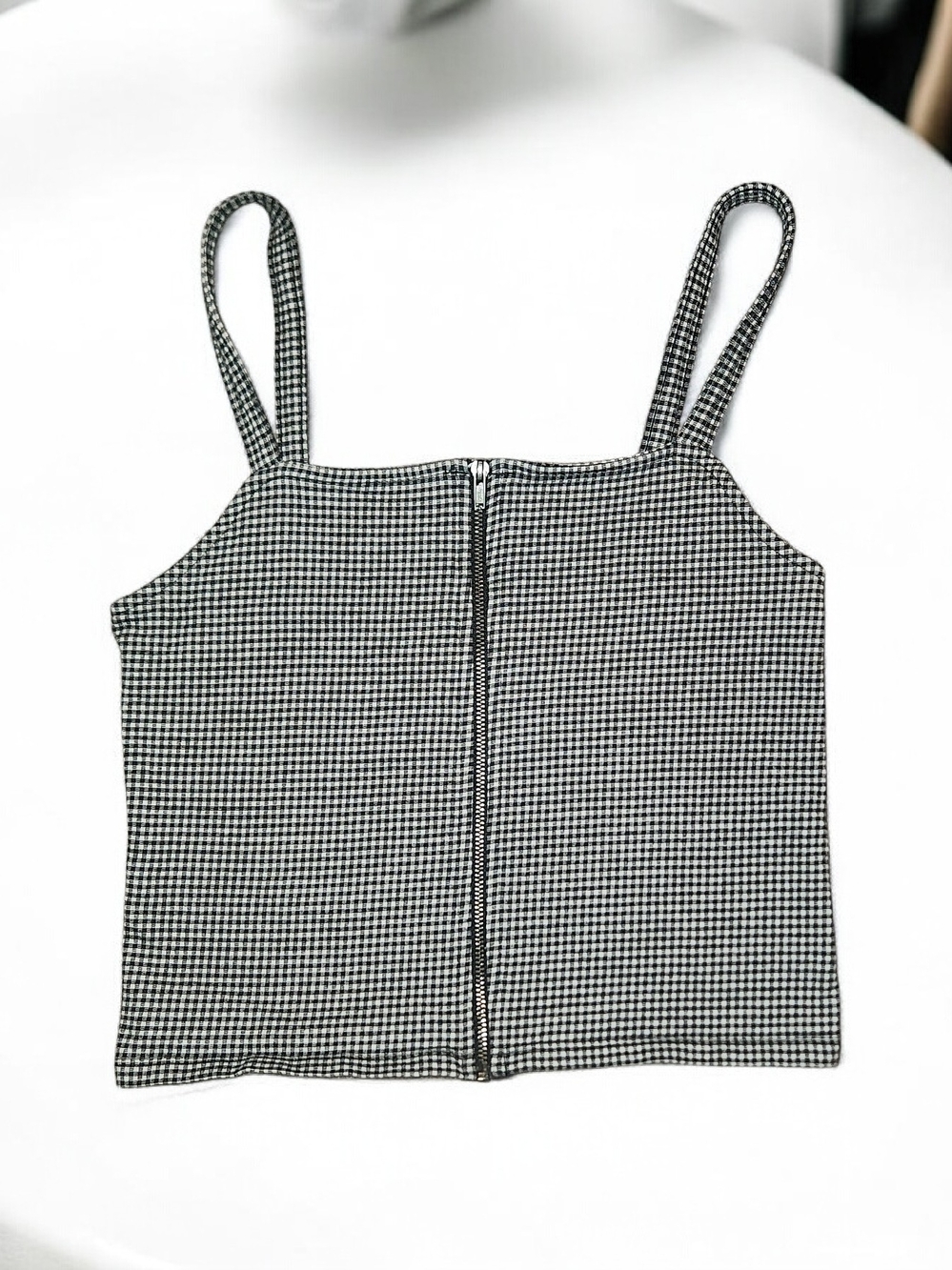 American Eagle Outfitters Black & White Gingham Zip Crop Top-Size Small